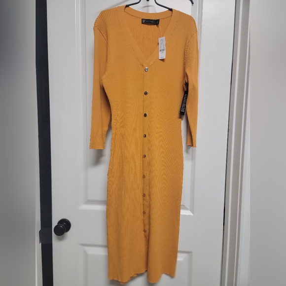 New York & Company Mustard Knit Button-up Fitted Dress - XL - Picture 3 of 6
